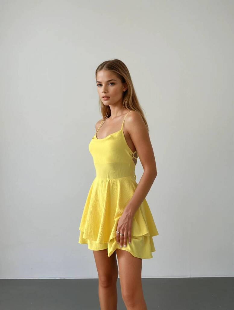 Misscix - ARKASI İPLİ ŞORT TULUM SARI-10819