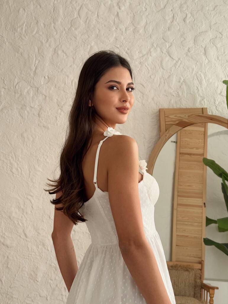 ASKILI ÇİÇEKLİ BEYAZ ELBİSE-11826
