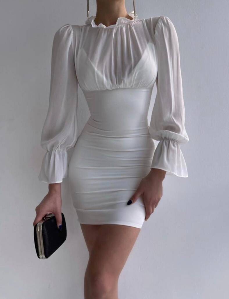 Beyaz Mini Elbise - 10642