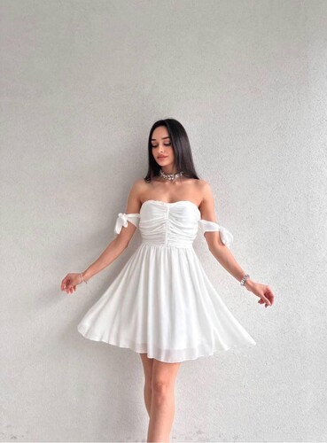 Beyaz Mini Elbise - 11426 - Thumbnail