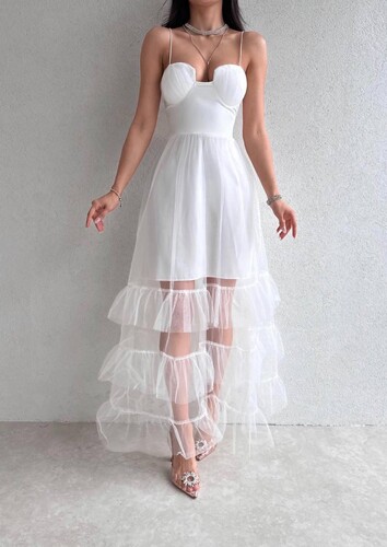 Beyaz Uzun Tül Elbise - 11399 - Thumbnail