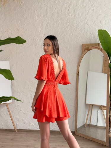 DANTELLİ TURUNCU ŞORT TULUM -10840 - Thumbnail