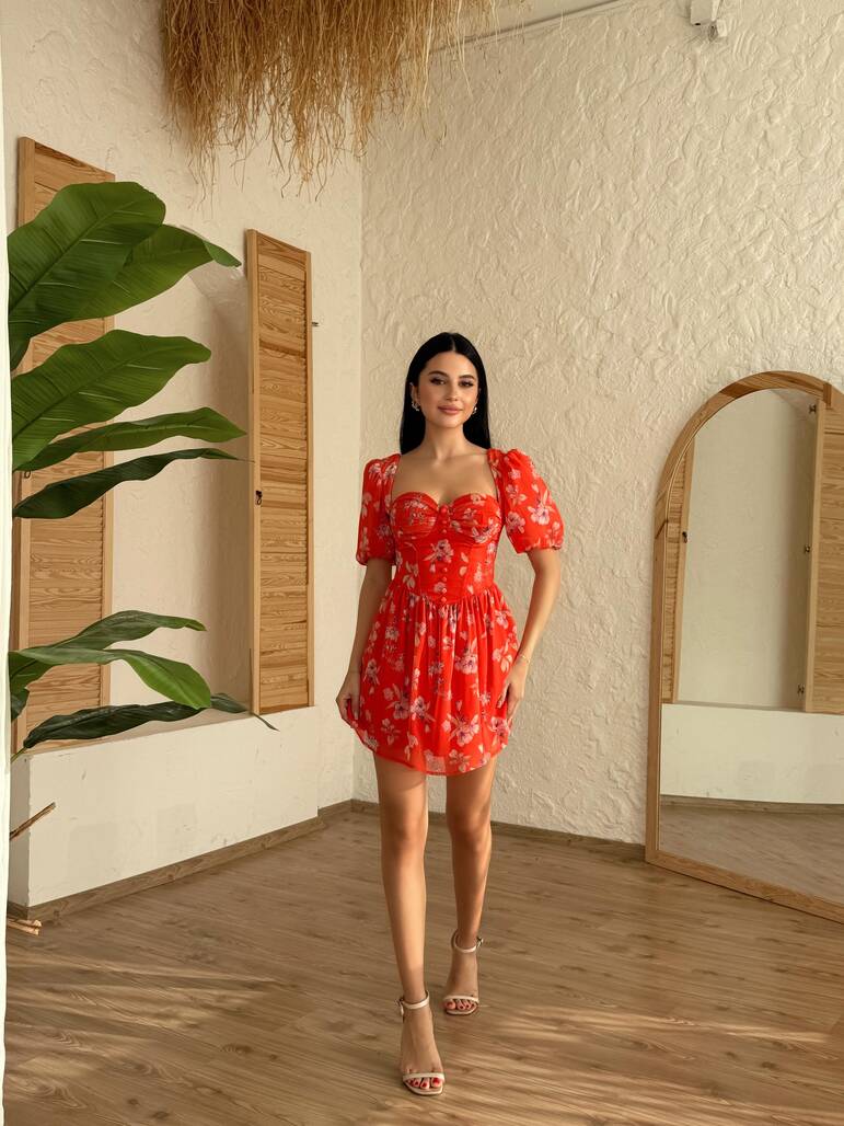 Misscix - GLOPLU TURUNCU ELBİSE-10972