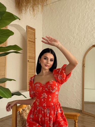 GLOPLU TURUNCU ELBİSE-10972 - Thumbnail