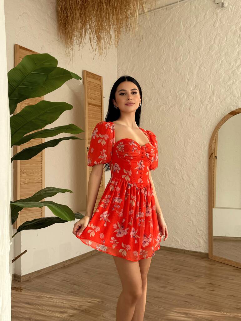 GLOPLU TURUNCU ELBİSE-10972