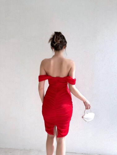 Kırmızı Midi Elbise - 10997 - Thumbnail