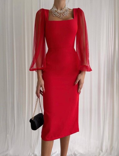 Kırmızı Midi Elbise - 11163 - Thumbnail