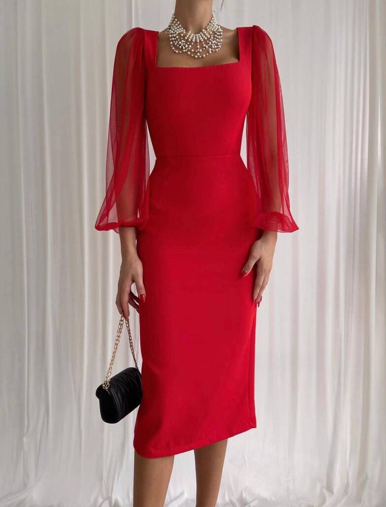 Kırmızı Midi Elbise - 11163