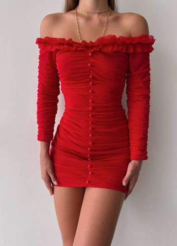 Kırmızı Mini Elbise - 11157 - Thumbnail