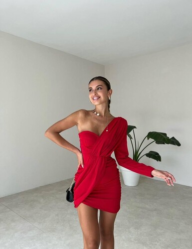 Kırmızı Tek Kol Mini Elbise - 11138 - Thumbnail