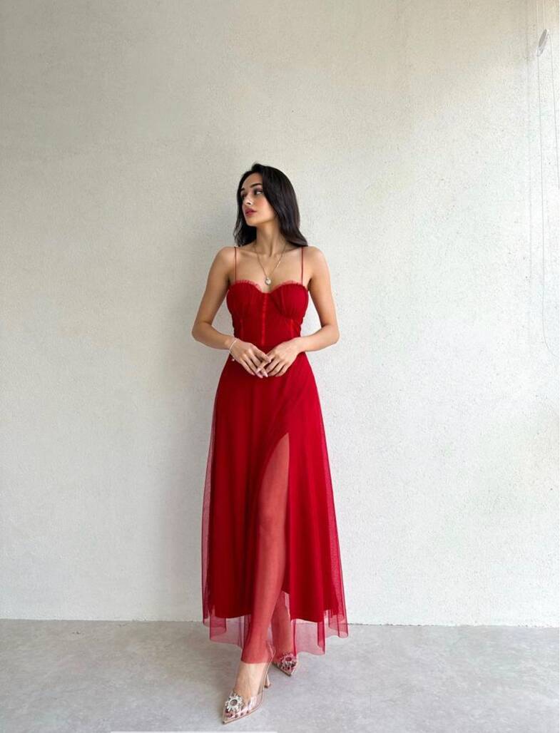 Kırmızı Uzun Elbise - 11399