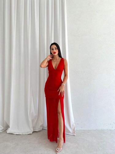 Kırmızı Uzun Elbise - 11454 - Thumbnail