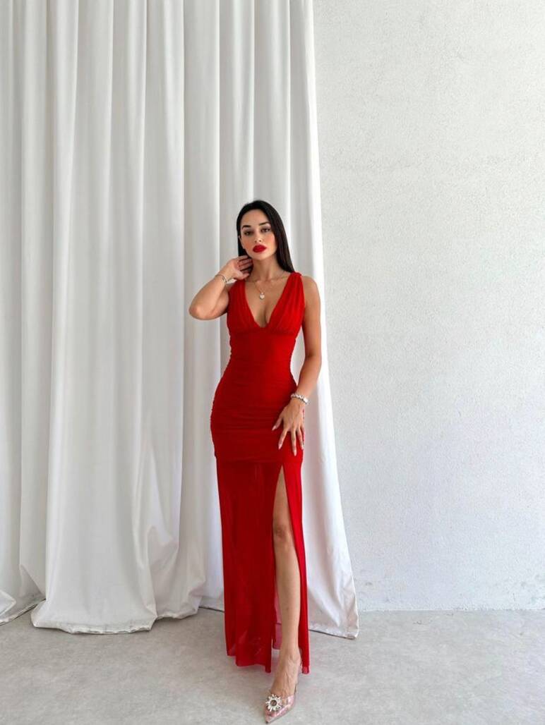 Kırmızı Uzun Elbise - 11454