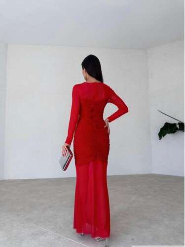 Kırmızı Uzun Elbise - 11604 - Thumbnail