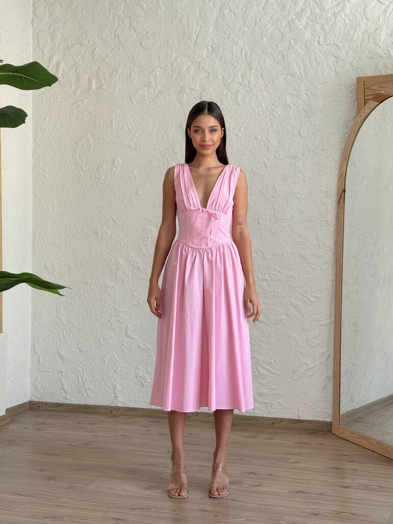 Misscix - KORSE DETAY PEMBE ELBİSE-11847