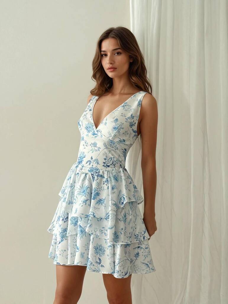 Misscix - MAVİ DESENLİ KISA ELBİSE-12020