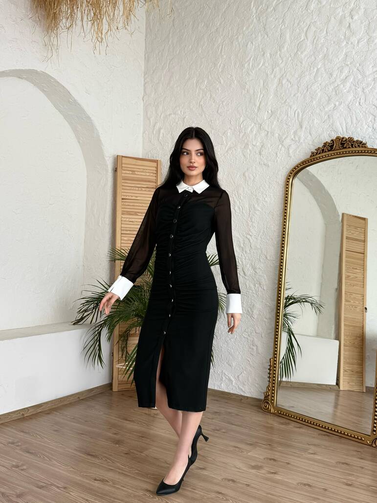 MİDİ BEBE YAKA SİYAH ELBİSE-1058