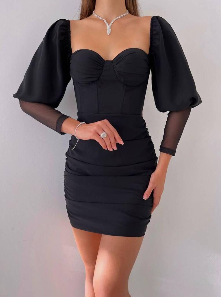 Siyah Mini Elbise - 11130