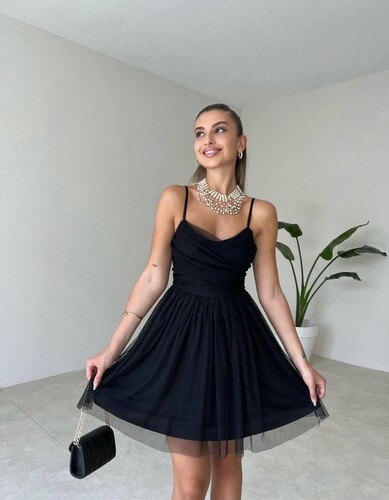 Siyah Tüllü Mini Elbise - 10947 - Thumbnail