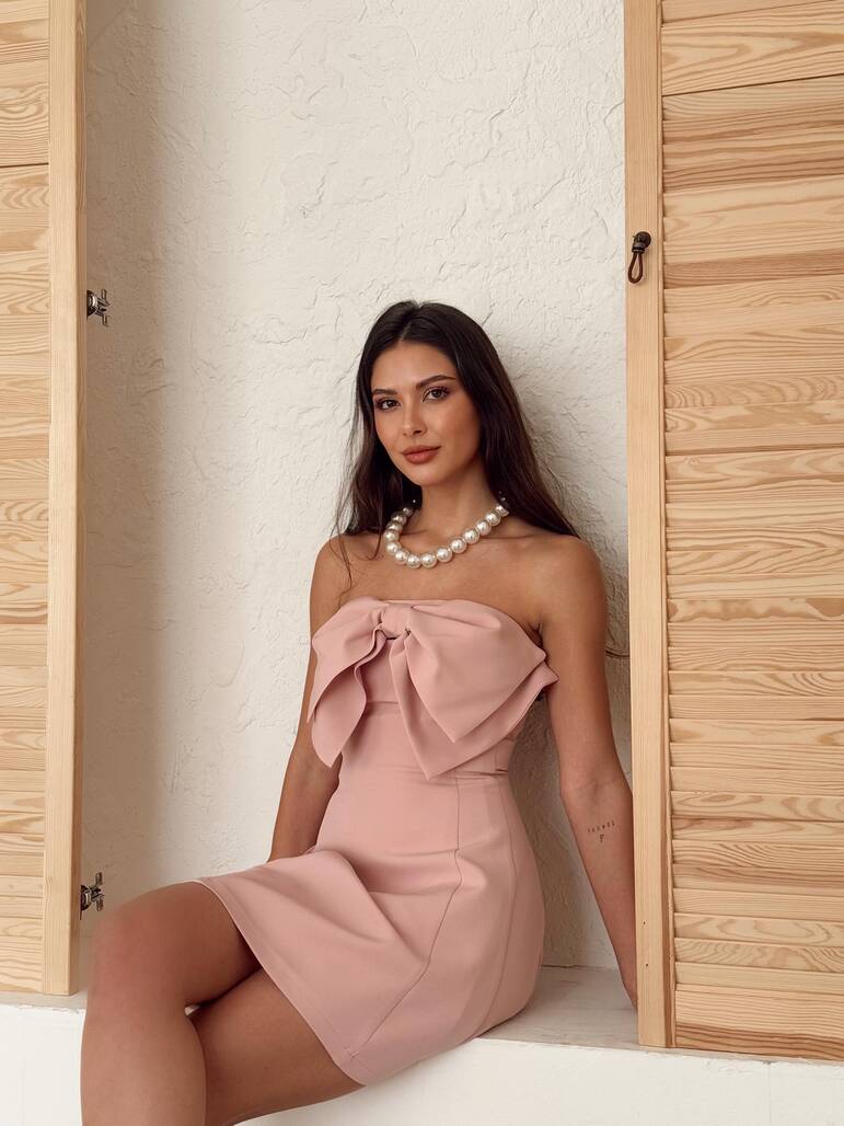 STRAPLEZ FİYONKLU PUDRA ELBİSE-1033