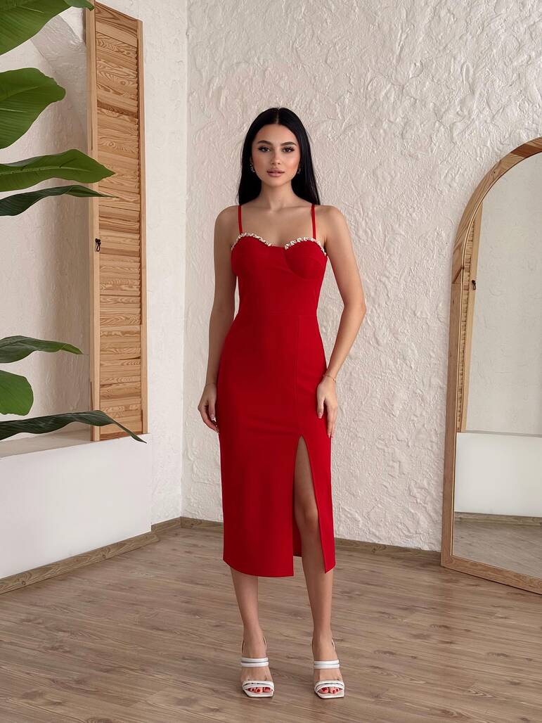 Misscix - TAŞLI KIRMIZI ELBİSE-10925