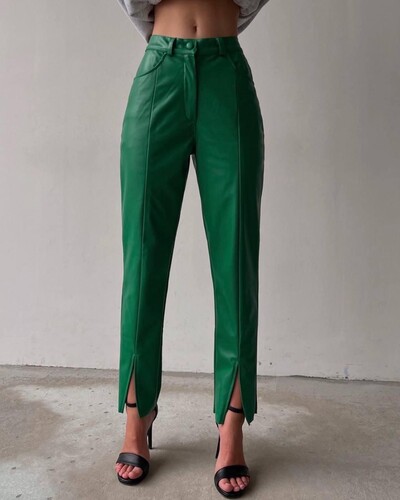 Yeşil Deri Pantolon - 10084 - Thumbnail
