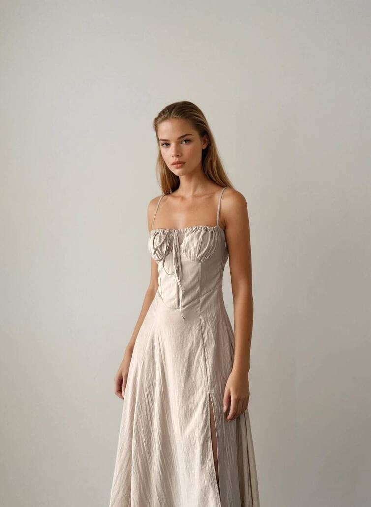 YIRTMAÇLI ASKILI BEJ ELBİSE-12011