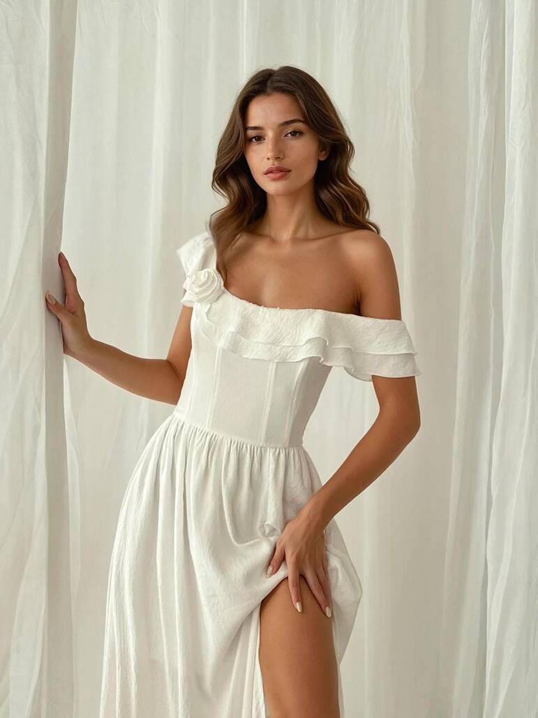 YIRTMAÇLI BEYAZ RENK KAYIK YAKA ELBİSE-12035
