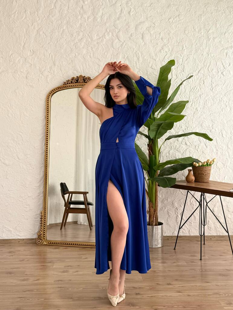 Misscix - YIRTMAÇLI MİDİ BOY SAX ELBİSE-11607